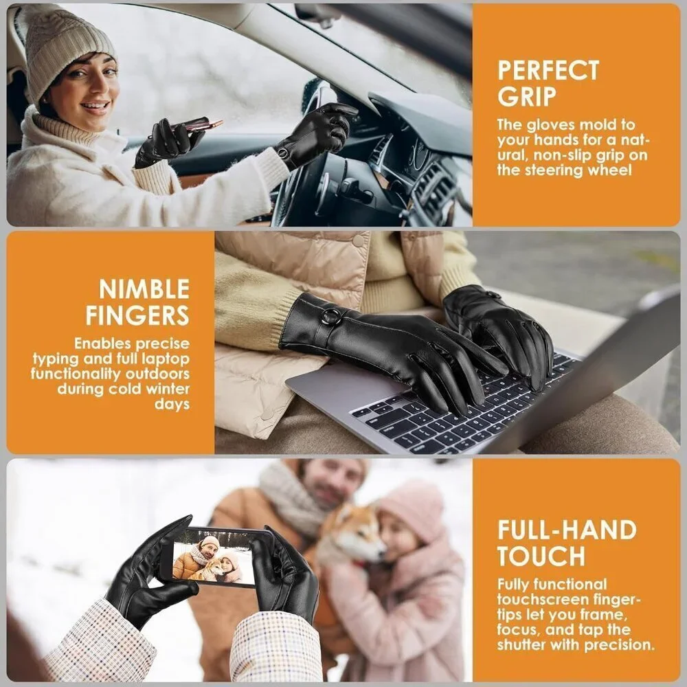 Women's Winter Leather Gloves Texting Warm Driving Lambskin Gloves Black
